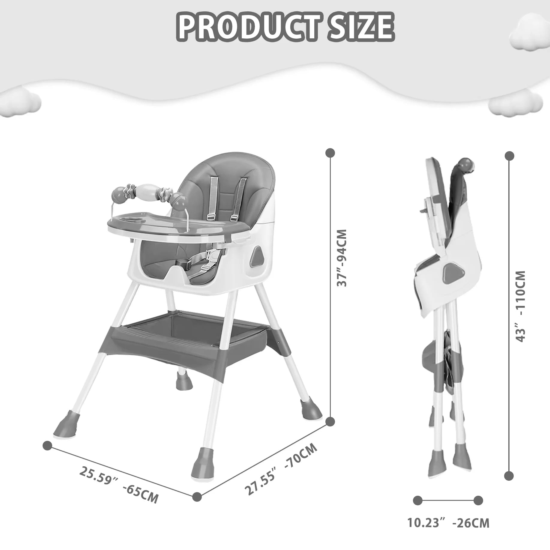 Foldable Baby High Chair (6+ Months): Large Anti-Slip Pad, Toy Rack & Easy-To-Clean Feeding Design – Model E500