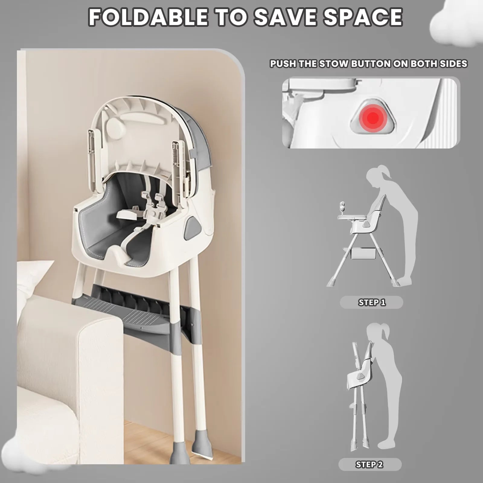 Foldable Baby High Chair (6+ Months): Large Anti-Slip Pad, Toy Rack & Easy-To-Clean Feeding Design – Model E500